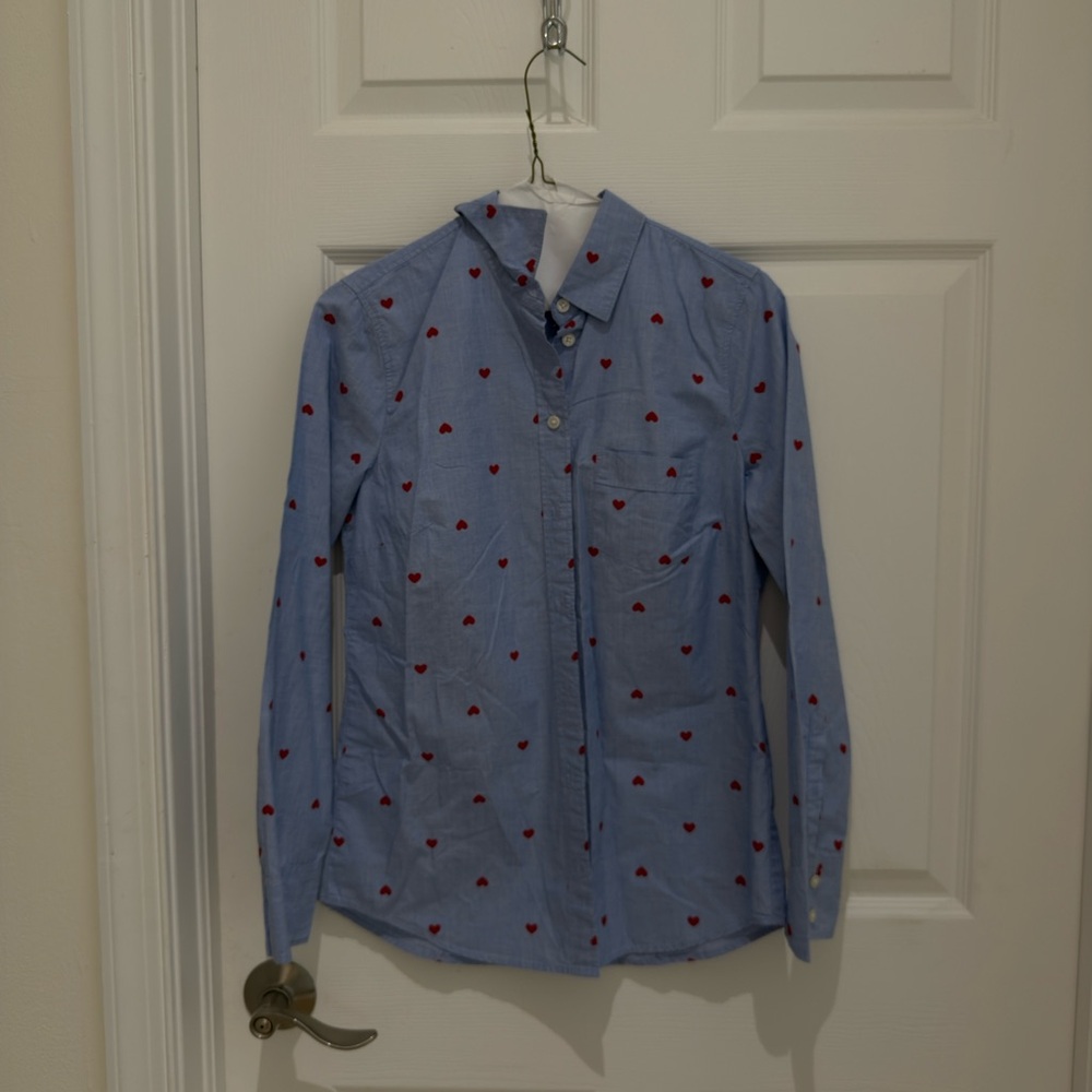 J. Crew Blue Shirt with Red Heart Pattern